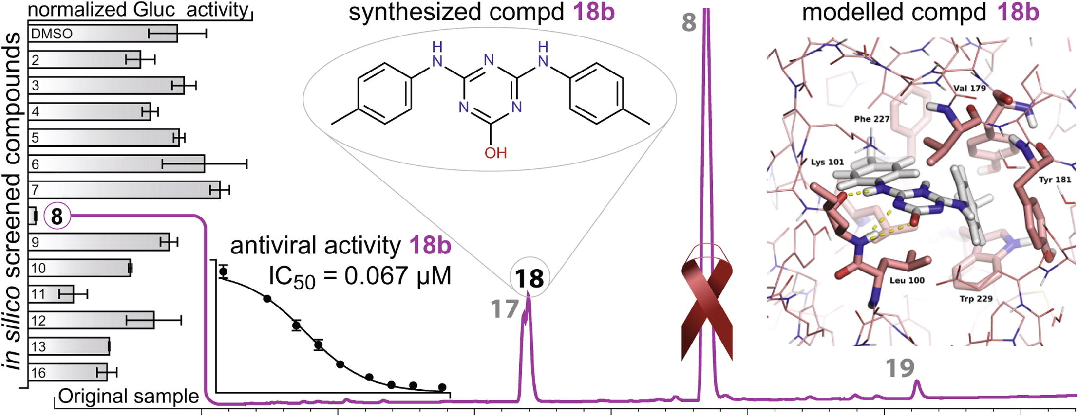 A set of top-ranked compounds from a multi-objective in silico screen was experimentally tested for toxicity and the ability to inhibit the activity of HIV-1 reverse transcriptase (RT) in cell-free assay and in cell-based assay using HIV-1 based virus-like particles. Detailed analysis of a commercial sample that indicated specific inhibition of HIV-1 reverse transcription revealed that a minor component that was structurally similar to that of the main compound was responsible for the strongest inhibition. As a result, novel s-triazine derivatives were proposed, modelled, discovered, and synthesised, and their antiviral activity and cellular toxicity were tested. Compounds 18a and 18b were found to be efficient HIV-1 RT inhibitors, with an IC50 of 5.6 ± 1.1 μM and 0.16 ± 0.05 μM in a cell-based assay using infectious HIV-1, respectively. Compound 18b also had no detectable toxicity for different human cell lines. Their binding mode and interactions with the RT suggest that there was strong and adaptable binding in a tight (NNRTI) hydrophobic pocket. In summary, this iterative study produced structural clues and led to a group of non-toxic, novel compounds to inhibit HIV-RT with up to nanomolar potency